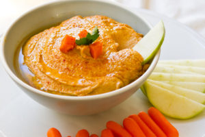 Carrots, Apples, and Hummus make a perfect pick me up with quick digesting carb after workout