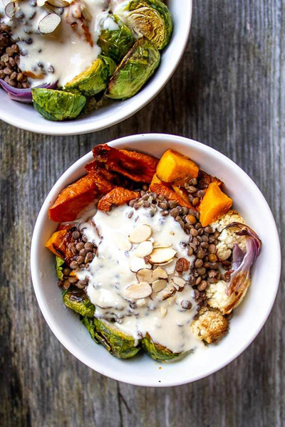 This is a lentil vegetable buddha bowl
