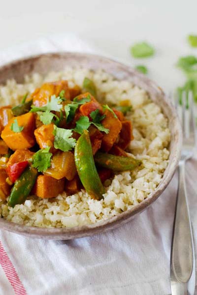 This is a vegetarian red curry stir fry plate