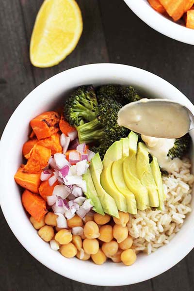 This is a sweet potato broccoli chickpea vegetable rice bowl