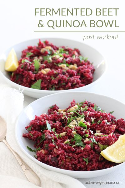 This is fermented beet and quinoa bowl made by Active Vegetarian